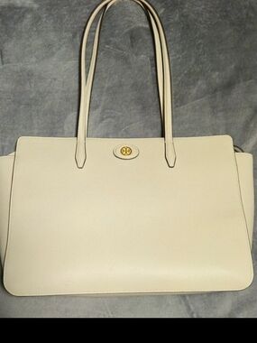 Tory Burch Cream Leather Double-Handle Tote with Gold Logo Turnlock